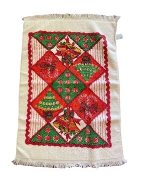 Vintage Christmas cotton blend handtowel trees bells candy canes made in USA